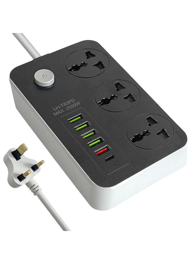 5 USB Auto Max 3.4A + 1 PD Identify Automatically 3 Power Socket Anti-static with Ports Universal Charging 2M Bold Extension Cord